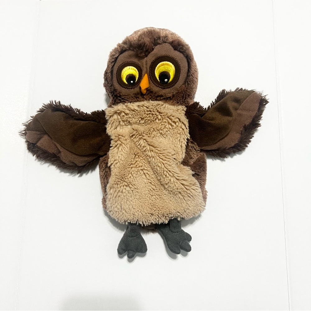 Owl Hand Puppet Plush Grey Feet 8in Embroidered Eyes Adult Hand size